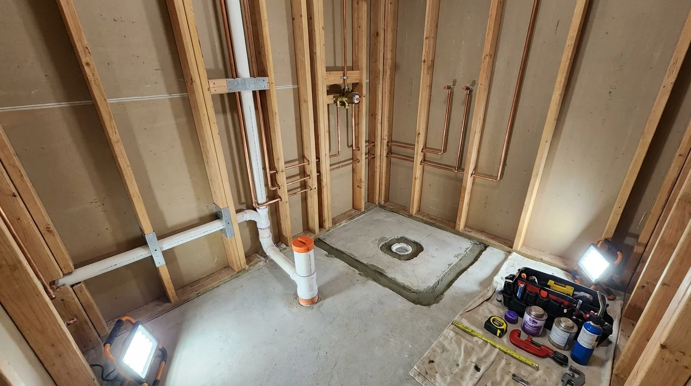 Bathroom rough-in plumbing during remodel by Johns Plumbing LLC in Kurtistown