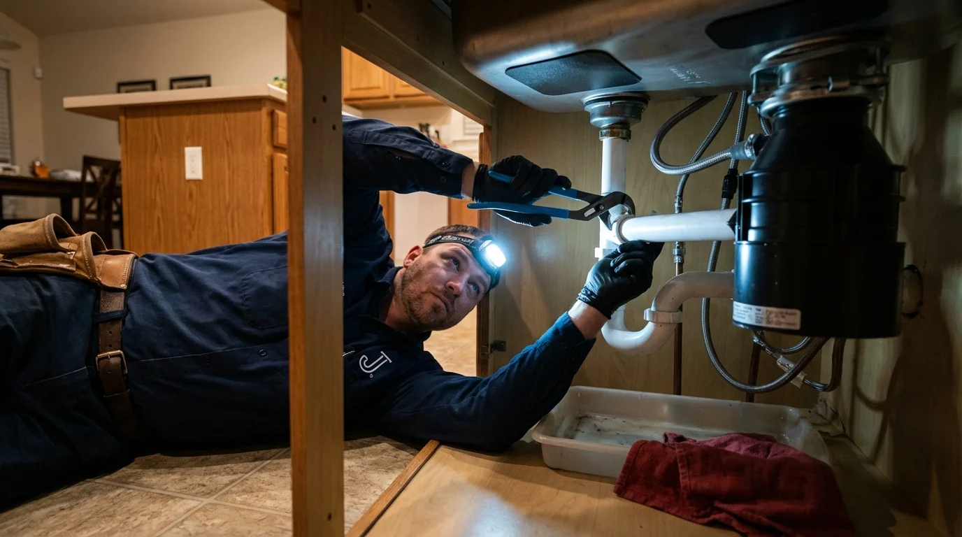 P-trap and supply line connections under a kitchen sink showing a common leak point in Kurtistown, HI